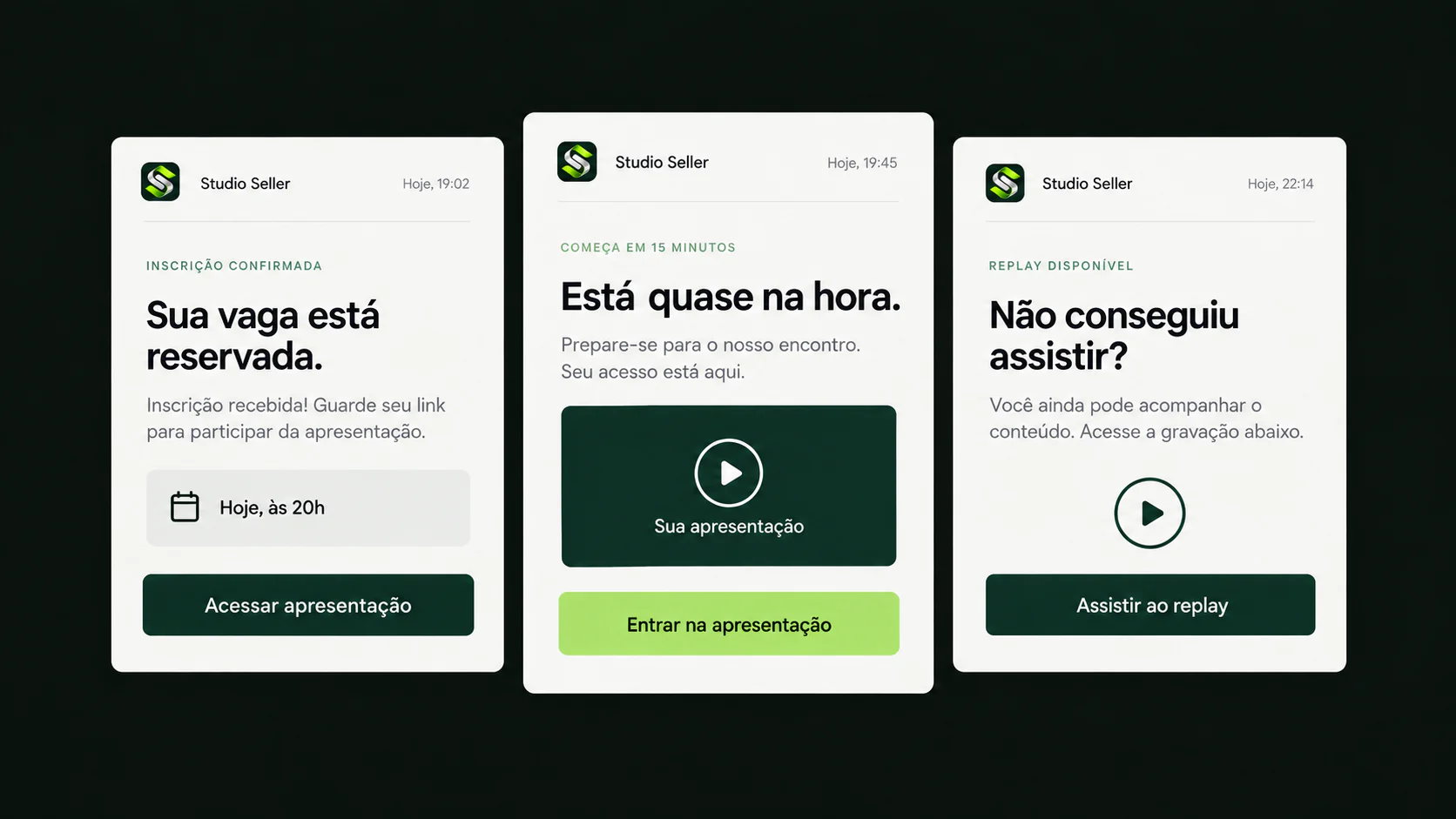 Emails da Studio Seller: confirmação de inscrição, lembrete e replay