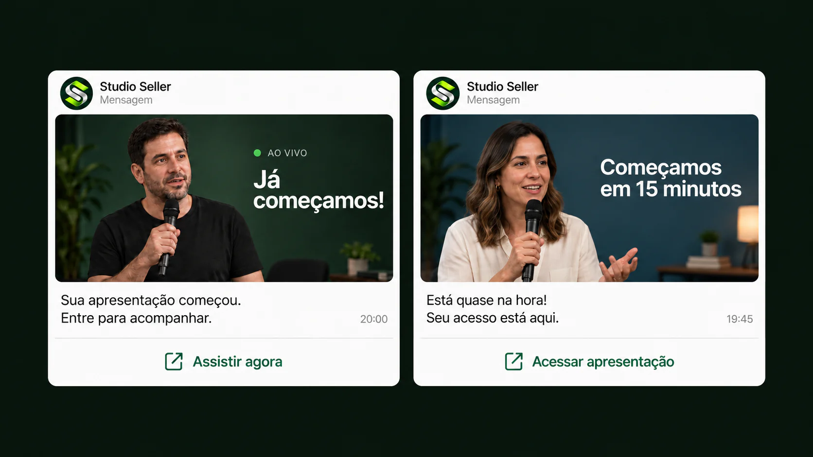 Mensagens do WhatsApp da Studio Seller: aviso de apresentação ao vivo e lembrete de 15 minutos