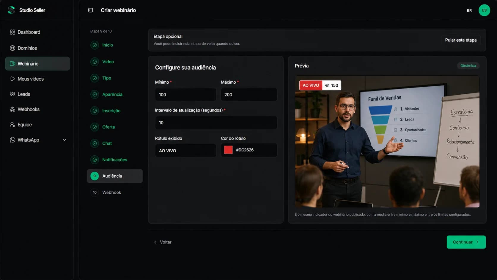 Painel de configuração da audiência simulada do Studio Seller