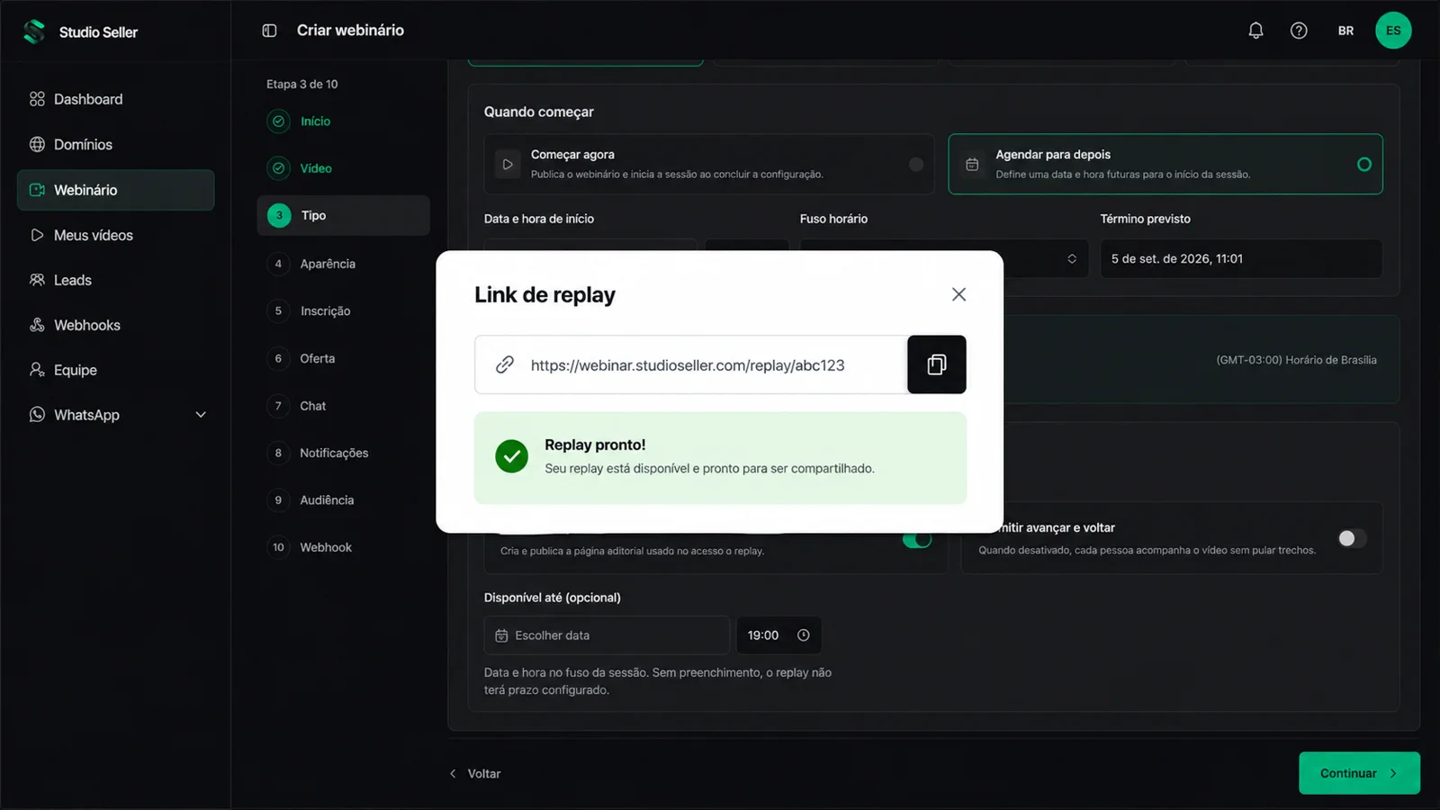 Tela de configuração do replay com link pronto para compartilhar