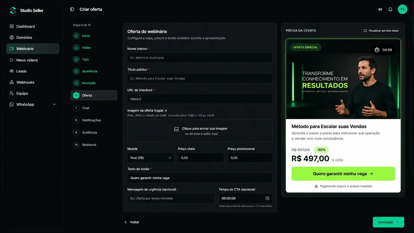 Painel de criação da oferta programada com preview e configurações