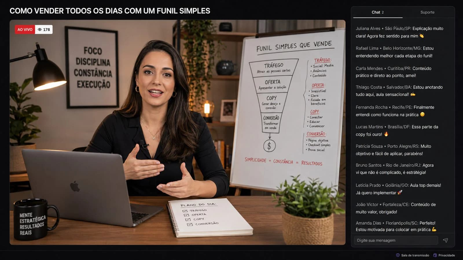 Sala do Studio Seller com vídeo, chat, espectadores e oferta